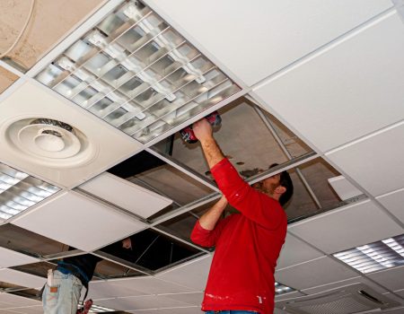 Suspended ceiling with drywall and fixing the drywall to the ceiling metal frame.